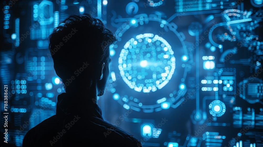 Poster a man is looking at a computer screen with a blue background. the screen is filled with various icon
