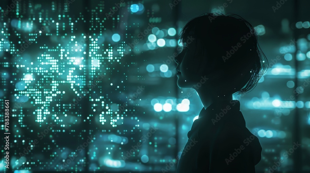 Poster a woman is looking at a computer screen with a lot of dots. the dots are in different colors and siz