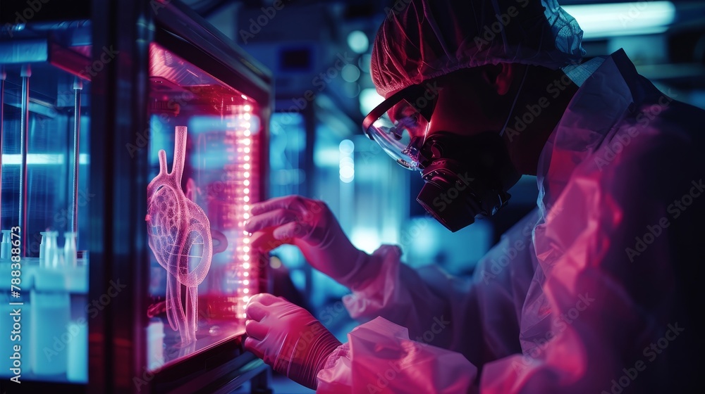 Poster a man in a lab coat is looking at a heart on a computer screen. the scene is set in a dimly lit room
