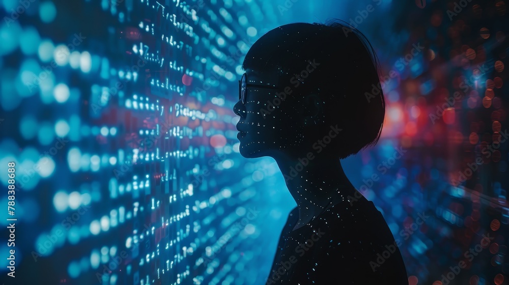 Poster a woman is looking at a computer screen with a lot of numbers and dots. concept of confusion and dis