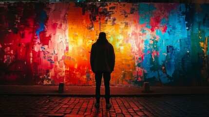 A person stands in front of a colorful wall. The wall is covered in graffiti and has a rainbow of colors. The person is wearing a white jacket and he is looking at the wall. Scene is one of curiosity - obrazy, fototapety, plakaty