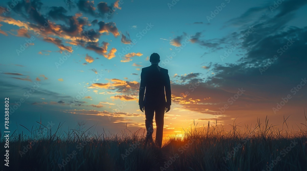 Poster a man stands alone in a field at sunset. the sky is filled with clouds, creating a moody atmosphere.