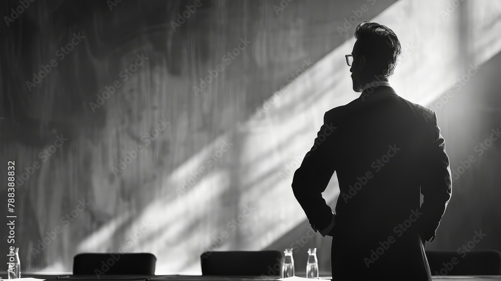 Poster a man in a suit stands in front of a wall with a chalkboard. he is looking at the camera