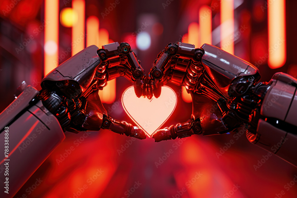 Poster robotic hands forming heart shape in front of red and black background with red lights, futuristic c