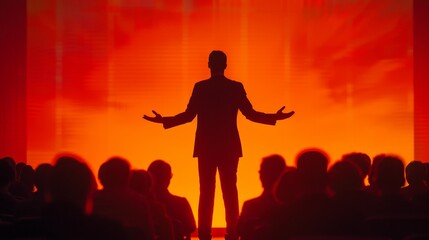 A man stands on a stage in front of a crowd of people. He is giving a speech and he is very passionate about his topic. The audience is attentive and engaged, listening intently to the speaker