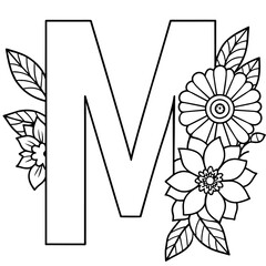 Alphabet M coloring page with the flower, M letter digital outline floral coloring page, ABC coloring page
