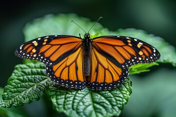 Orange monarch butterfly clear green leaf vibrant color contrast minimal background close view