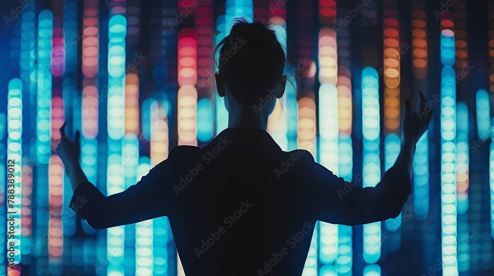 Aufkleber a woman is standing in front of a computer monitor with a black background. she is reaching out to t