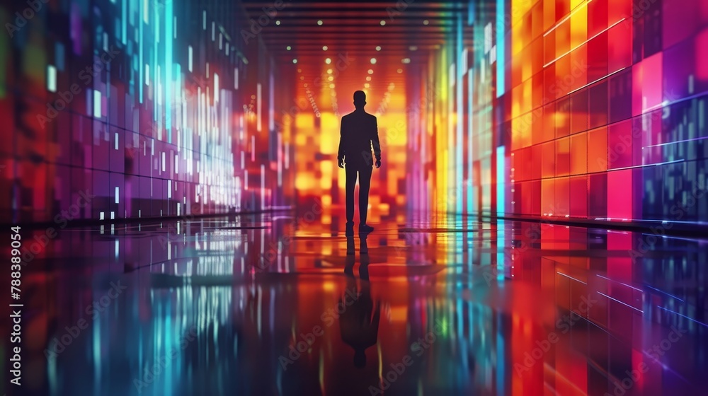 Poster a man is walking through a colorful room with neon lights. the room is filled with various colors an