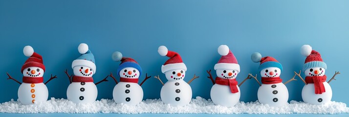 Row of cheerful snowmen wearing colorful winter hats and scarves against blue background