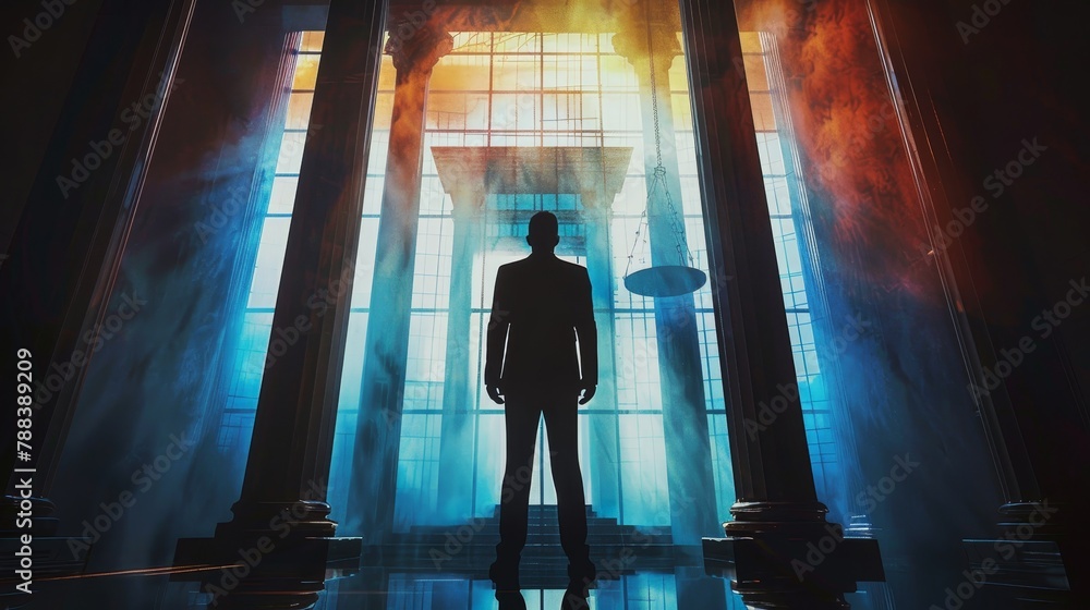 Poster a man stands in front of a building with pillars. the man is wearing a suit and is looking up at the