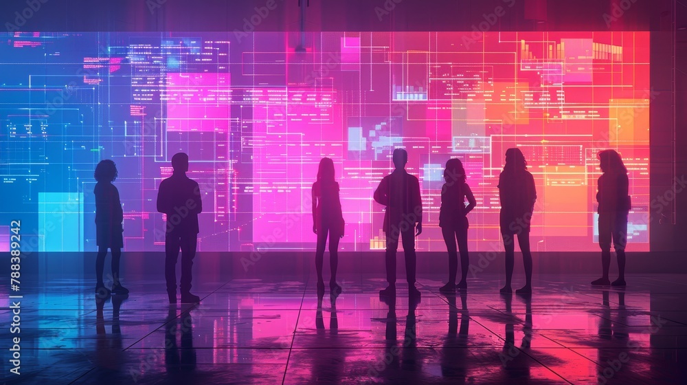 Poster a group of people stand in front of a large screen displaying a colorful, abstract image. scene is e