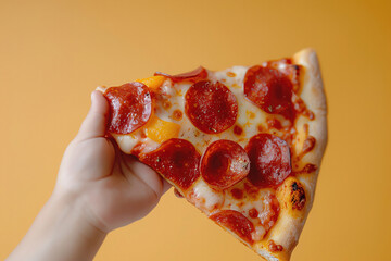 An enticing close-up food ad capturing a young boy's small hand clutching a generously topped slice of gooey pepperoni pizza, photographed on a warm pastel orange backdrop under flattering studio - obrazy, fototapety, plakaty