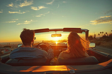 Couple Enjoys Sunset Drive in a Convertible Cabrio Car - obrazy, fototapety, plakaty