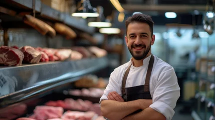 Fotobehang Smiling butcher in a contemporary meat market © Andrii 