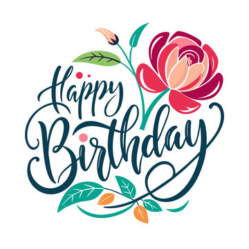 beautiful green inscription happy birthday with rose