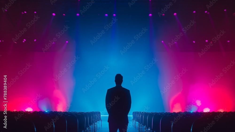 Aufkleber a man stands in front of a stage with a crowd of people in the background. the stage is lit up with 