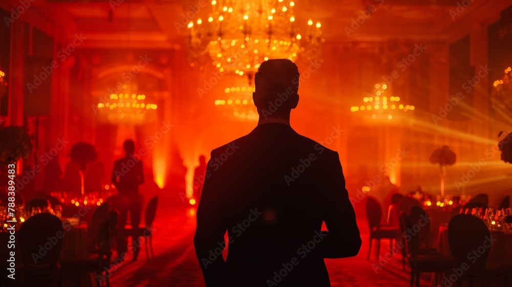 Poster a man stands in a room with a red light and a chandelier. the room is filled with tables and chairs,