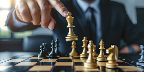 Person playing chess board game, business woman concept image holding chess pieces like business competition and risk management, planning business strategies to defeat business competitors - obrazy, fototapety, plakaty