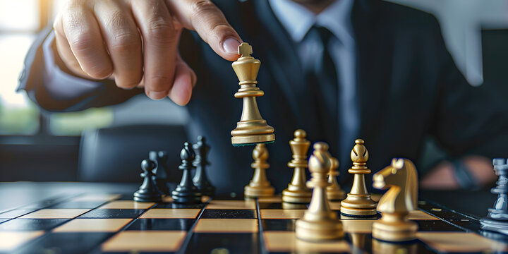 Person playing chess board game, business woman concept image holding chess pieces like business competition and risk management, planning business strategies to defeat business competitors