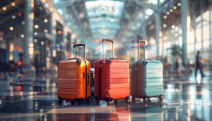 Four suitcases of different colors are lined up on the ground by AI generated image
