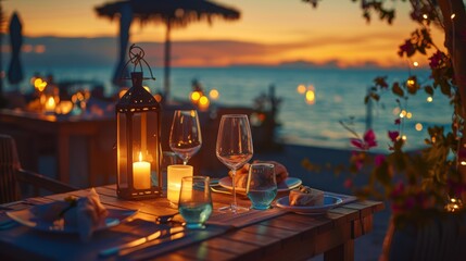 Oceanfront meal with scenic sunset, capturing moments of romance and fine dining.