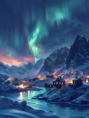 A Greenlandic village under the soft glow of the Northern Lights, capturing the magic of the Arctic night sky.