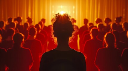 A woman stands in front of a crowd of people, with the audience looking at her. The scene is set in a theater, and the woman is the main focus of the image. Scene is one of anticipation and excitement