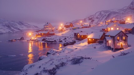 A snapshot of colorful Inuit houses nestled against a snowy hillside, offering a glimpse into Greenlandic culture.