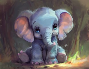 Cartoon drawing of a cute little elephant - obrazy, fototapety, plakaty