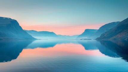 A Greenlandic fjord at sunrise, with pastel colors reflecting off the calm waters. - obrazy, fototapety, plakaty