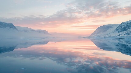 A Greenlandic fjord at sunrise, with pastel colors reflecting off the calm waters.