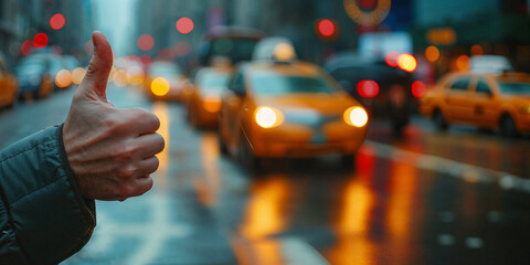 Man Giving Thumbs Up to Hail a Taxi on Busy City Street