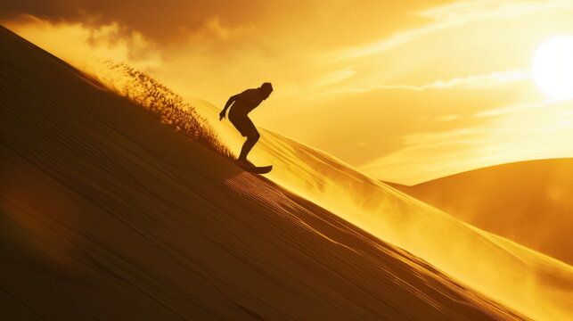 Dynamic sandboarding in sunset light, suitable for sport and desert exploration themes.