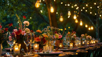Festive table setting with floral centerpiece and string lights, perfect for event and party decor.