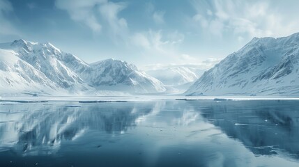 Fototapeta na wymiar A Greenlandic lake surrounded by snow-covered mountains, capturing the pristine beauty of the Arctic landscape.