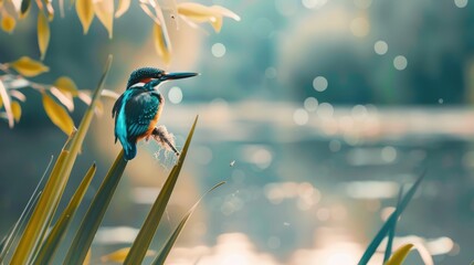 Cute male common kingfisher, alcedo atthis, sitting on branch in spring at sunrise. Small bird with...
