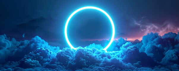 Abstract Glowing cloud illuminated with neon light ring on dark  sky.   generative ai