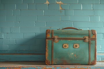 Vintage suitcase vibrant teal wall background minimal design clear focus side angle
