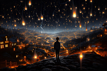 Silhouette of a boy stands overlooking a magical night-time landscape with floating lanterns, illustration of fairy village with magical, dreamy scene suitable for storytelling or fantasy concept - obrazy, fototapety, plakaty