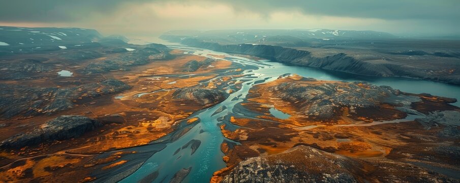 A high-angle shot of a winding river cutting through the Greenlandic tundra.