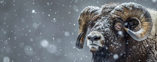 A close-up of a musk ox against a snowy backdrop, showcasing the unique wildlife of the Arctic. - obrazy, fototapety, plakaty