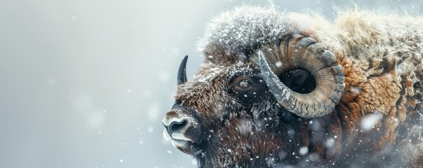 A close-up of a musk ox against a snowy backdrop, showcasing the unique wildlife of the Arctic. - obrazy, fototapety, plakaty