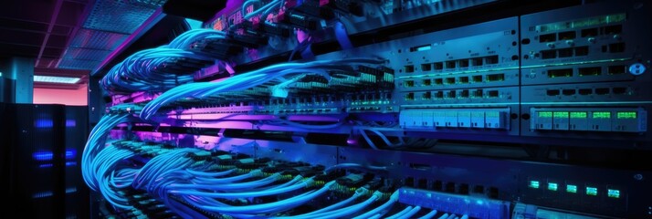 Digital Connectivity: Network Cables and Switches in Server Rack
