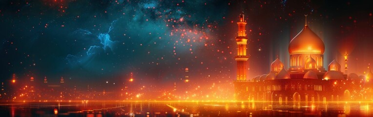Night time view of illuminated Islamic mosque with fireworks in background