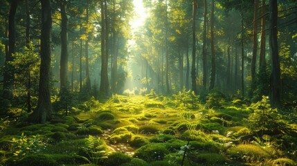 Fototapeta na wymiar A tranquil forest glade is bathed in the soft light of dawn, casting long shadows across the moss-covered ground. The air is filled with the earthy scent of pine, while birdsong fills the air with mus