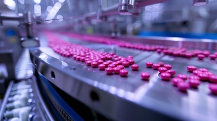 Busy pharmaceutical production line, pills encapsulation, macro view, soft focus, high detail 