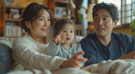Obraz premium A young family enjoying time together at home, with a toddler pointing at something interesting.