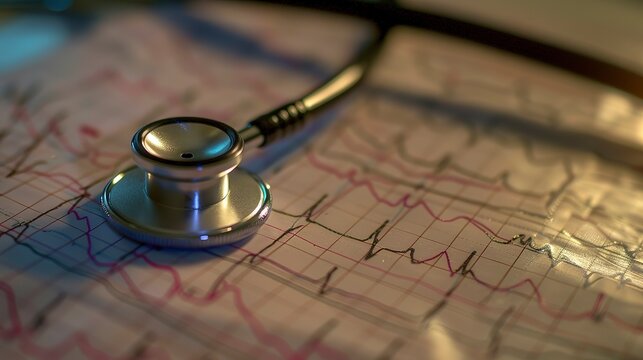 Close-up of a stethoscope on an EKG chart, ambient lighting, detailed texture, documentary style 