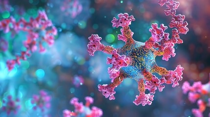 Microscopic view of a virus interacting with antibodies, vibrant colors, close-up, scientific illustration style - obrazy, fototapety, plakaty